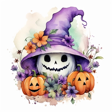 Cute Ghost wearing a Halloween hat, pumpkin, purple flowers, Halloween sublimation, watercolor, digital painting, highly detailed, realistic,style by Lucy Fleming, watercolor, smooth gradients, black contour outline, ultra detailed, clipart elements, delicate pastel colors, solid white background, super clear, high quality