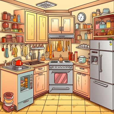 clipart a kitchen with all the different appliences and furniture yo can find in a kitchen.
