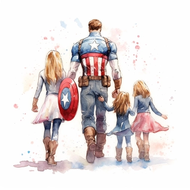 Captain America holding hands with his three kids, all walking forward, seeing from the back. Father's day clipart, watercolor clipart, watercolor Illustration, Sublimation graphics, by Beatrix Potter, single design, print on demand image, PNG transparent background, white background, 8k