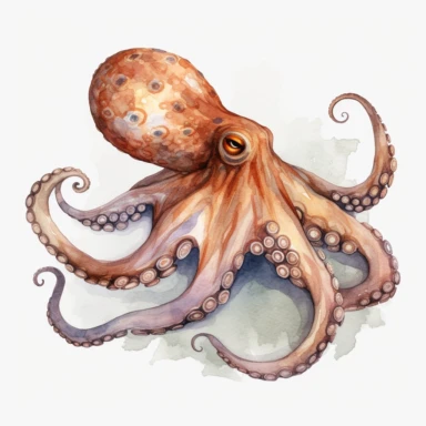 watercolor, Octopuses: Known for their unique appearance and remarkable intelligence, octopuses are fascinating to watch. png Full body realistic cartoon in 32K UHD cute. 15 cm thick outline. There was no shadow on the ground. 8k with realistic watercolor