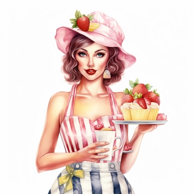 Hand drawn pin up woman, wearing a bakers hat, pink and white striped apron, holding a lemonade cake with strawberries and blossoms, glamorous, half body, very detailed and realistic, watercolor, white background with margins, clipart style