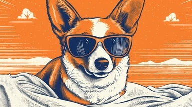 Simplified clipart of a corgi with stylish sunglasses, lying on a beach towel, vibrant beach background, clear and clean lines, use of stippling and hatching for detail and texture, playful and fun