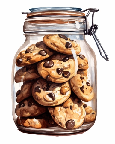 detailed watercolor of pile of chocolate chip cookies on a glass jar, realistic, isolated on white background, clipart