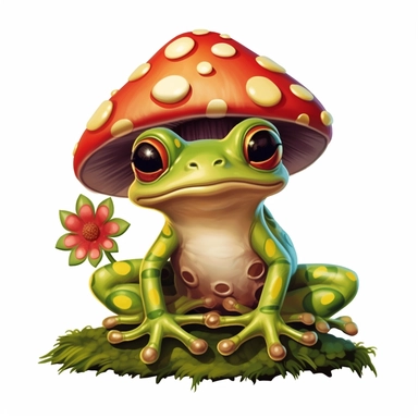 single clipart image png graphic , retro frog, frog cartoon, mushrooms cartoony, flower cartoon, eart colors,vector, white background