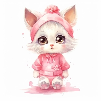 Cute cartoon baby cat girl with big eyes in beautiful pink pastel summer clothes, clipart, hand painting watercolor, watercolor paper textute , white background