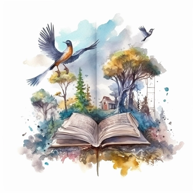 Watercolor Fantasy open Books Clipart with fantasy castlle, birds, trees, forest, clouds, rambo and very detalied, the perspective is from a road from forest mistic look, fairytale magic colorful admosfere, hight quality white background