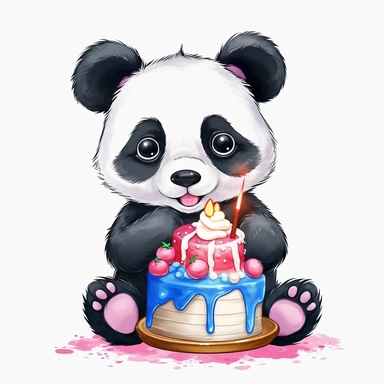 cute cartoon panda with birthday cake illustration clipart, detailed, outline, white background, 4k, digital art, watercolor