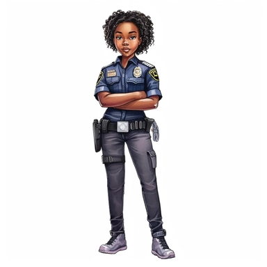 Cool cute black kid police, full torso and head, cool police clothes, female black girl, watercolor style, clipart solid white background