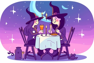 Cute Wizard on a magical candlelight dinner date with Cute Witch Clipart, on white background, spaced out, RGB, Romantic, Wizardcore, Witchcore, Multiverse, Ultra HD, hyperdetailled