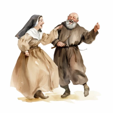 happy bearded medieval older friar Tuck laughing as he is dancing with a pretty young maid watercolor clipart no texts no fonts no letters