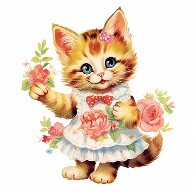 50s vintage kitsch cat illustration clipart, watercolor, Hand drawn painting, isolated on white background, watercolor illustration by katie daisy, highly detailed, white background for removing background - - no text shadow font watermark