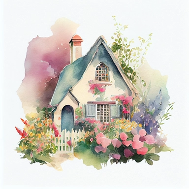 Vintage house with flowers watercolor clipart, pastel color, vibrant, watercolor, 8k, white blank background