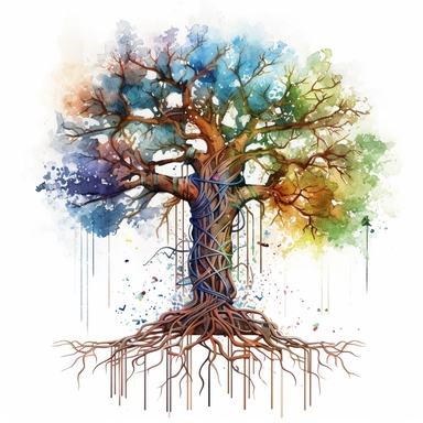 this is clipart A breathtaking, watercolor-inspired image of a majestic tree, its branches and roots intertwined with symbols of renewable energy sources, symbolizing the harmonious coexistence of technology and nature for a sustainable future.