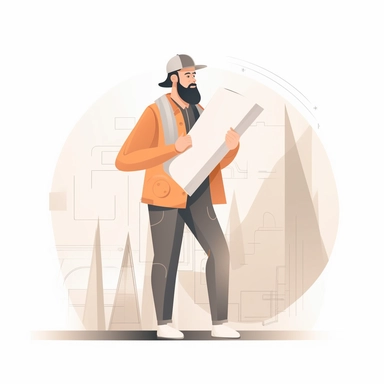 vector design, architect holding blueprint, flat modern illustration, clipart, white background, soft gradient transition, in the style of warm color palette, natural pastel colors, in gray beige graphite and orange colors, object portraiture specialist, uniformly staged images, animated illustrations