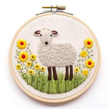 Hand embroidered sheep clipart on a flat white background 2, standing on the grass, It is surrounded by small yellow and red flowers In the shape of a circle,