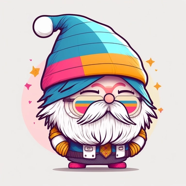 cute chibi happy gnome with big white beard, wearing spike hat, hat is covering the eyes, clipart,colorful, line art. in the style of Anni Betts + Christine Battuz