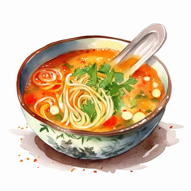 A bowl of soup: Generate a watercolor clipart of a bowl filled with hot soup, such as chicken noodle or tomato. Add ingredients like carrots, onions, and noodles to make the clipart more visually interesting. Use darker colors to create a warm, inviting f