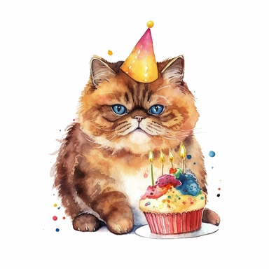 Watercolor, clip art, a Exotic Shorthair cat wearing a party hat and eating cake, birthday, happy face, isolated on a white background