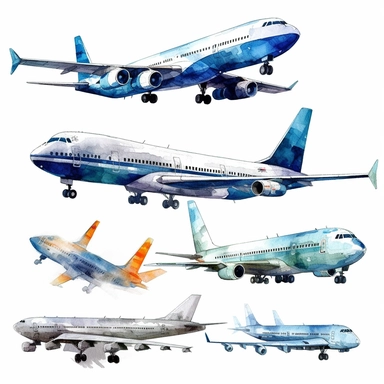 many big airplanes in watercolor style, Clipart, white background