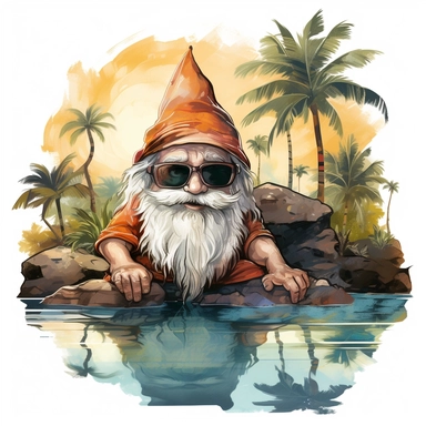 gnome in pool in Hawaii beach outfit, vibrant color, clipart, watercolor illustration, white background