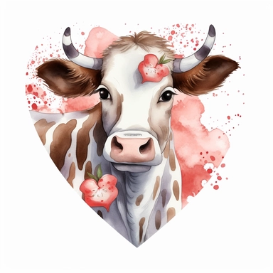 Cow In Heart Watercolor Sublimation Clipart, Clipart, white background, no watermark, no text, no word,