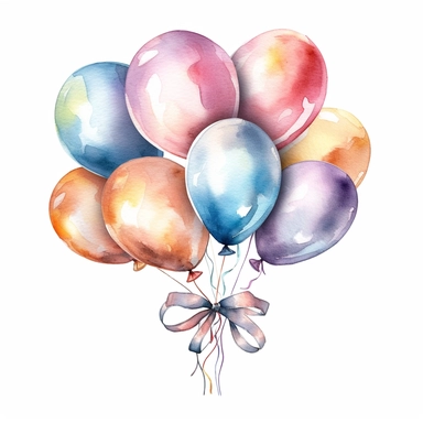 6 watercolor balloon bundles tied together with ribbons, clipart, hd, isolated, spaced out, on white background