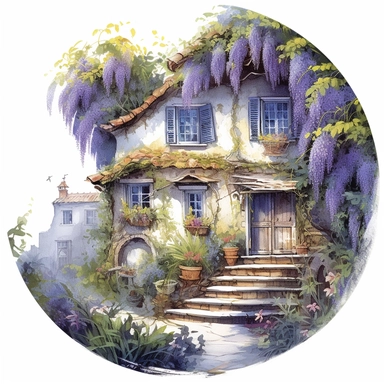 watercolor mixed media masterpiece beautiful white cozy small house with blue door, richly decorated with wisteria, pots with flowers, overgrown with moss, the garden at the back of the house, provence, golden accents, shabby shic style, by Rodney Matthews style and by Daniel Ridgway Knight style and by Nicholas Hely Hutchinson style, Baroque style, PNG clipart, isolated on white, extreme photorealistic details, 32k HD resolution, realistic high detailization high resolution