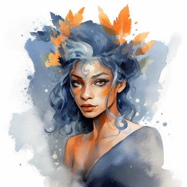 boho fantasy female elf african American clipart, beautiful, blue ash hair with beautiful glittery clothing in deep gray, blue, orange , and splashy watercolour background and pointy ears