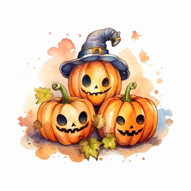 vector watercolor cute Halloween pumpkins with cute face next to cute Halloween skull clipart, cute happy Halloween pumpkin with cute skull, photorealistic, detailed watercolor style, on white background