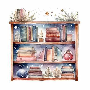 watercolor clipart of a cute vintage bookshelf, sparkles, cosy winter wonderland vibes, isolated on white background