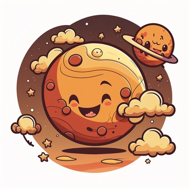 planet mars is a small rocky red planet . With clouds and stars on a solar system drawing, cartoon, clipart style, vector style, comic.