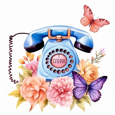 watercolor desktop phone with flower and butterfly, illustration clipart, detailed, black outline, white background, digital art
