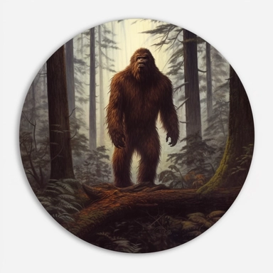 bigfoot in dark woods, painting circular clipart sticker, no mock-up, white background