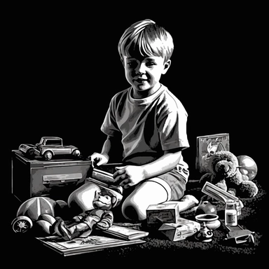 sketch clipart of 20s poster boy playing with toys, hd, white on black background, spaced out,--ar 3:2