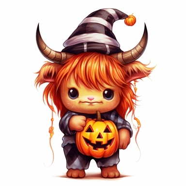 Painterly adorable cutie, baby highland cow wearing halloween costume with a jack o'lantern cartoon, full body, hyperealistic, kawaii, watercolor, clean white background by Clive Madgwick , style by Lucy Fleming, watercolor, smooth gradients, black contour outline, ultra detailed, clipart elements, delicate pastel colors, solid white background, super clear, high quality
