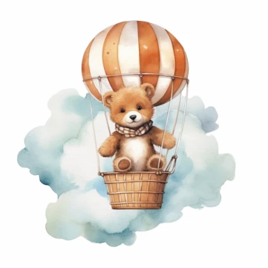 cute Teddy Bear in a hot air balloon in the clouds, clipart, watercolor, white background