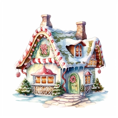 watercolor beautiful vintage Christmas gingerbread house candy house with icing fantasy clipart, whimsical, detailed watercolor style, on white background