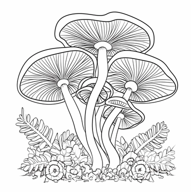 turkey tail magic mushroom, coloring page, uncolored, clip art, 2d outline, minimalist style, ultra clear draw-lines, sharp lines, clear line interspace, clean line interspaces, white line interspaces, thin lines, line art style for coloring book, white background, fill color white, line color black, simple design with a lot of coloring space that's not cluttered, realistic image, realistic shape, realistic art, fill colour white, stroke colour black, thin even lines