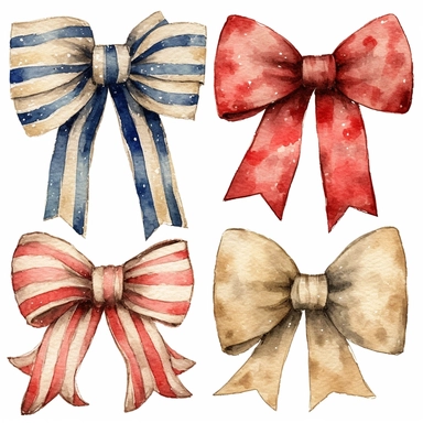 watercolor clipart of burlap ribbon bow, 4th of July themed