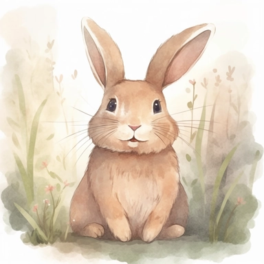 Cute light brown rabbit in its natural state clipart ,happy expression, fluffy and soft fur, ears are long and pointed with delicate pink hue on the inside,big and round eyes, standing in dynamic pose,front view, in the style of watercolor cartoon clipart, kate greenaway style, high resolution, composition free space, pastel color scheme, soft and tender, watercolour clipart, watercolor illlustration for kids and children,isolated white background, clipart most popular on etsy, book illustration