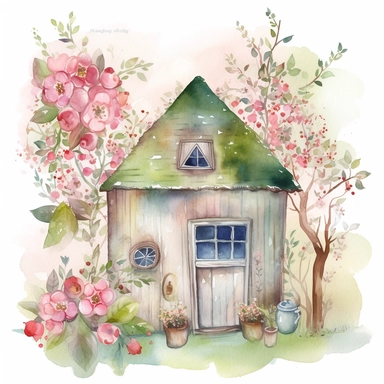 a clipart of a small house in the garden in the spring time surounded by roses and Boho flowers in addition to watercolored trees and spring colors.high resolution more than 400dpi