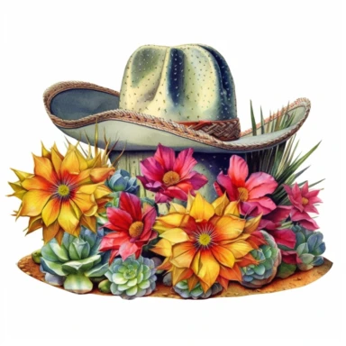 old Western cowboy hat, surrounded by colorful cactus flowers, watercolor, clipart, white background