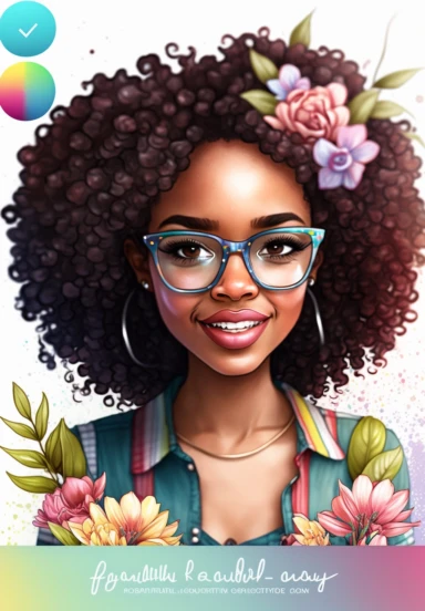 2d watercolor clipart kawaii, spring, april, character of beautiful african american woman smiling, Intricately rendered dark Skinned woman, full body portrait, intricately rendered, 8k, short thick curls brown hair, sparkles, generously detailed, hyper realistic, digital, long rainbow eye lashes, beautiful retro comic urban chick, nerdy, glasses, 8k,