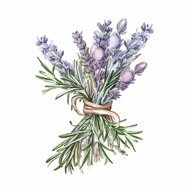 Design a dreamy watercolor clipart of japanese-inspired twine-tied Sprigs of rosemary and lavender arranged in a rustic and aromatic centerpiece composition, hand-painted with soft and graceful brushstrokes. Draw inspiration from the artistic finesse of Ethereal Petals Watercolors for a refined and ethereal depiction. isolated on a white background, hand-drawn illustration, hand-painted watercolor texture, 16k UHD resolution, intricately detailed, sharp focal points, designed by Ana Victoria Cal