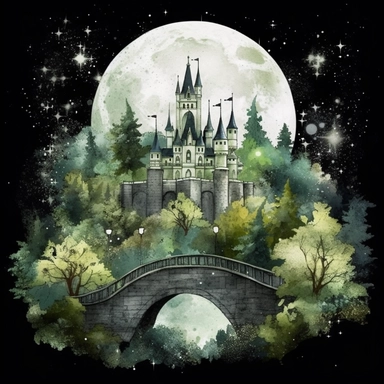 light watercolor Fantasy green Castles night scenery on the moon in the garden forest and bridges realistic clipart on black background