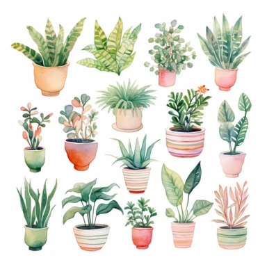 clipart, stickersheet, house plants watercolor, cozy, hand painted, white background