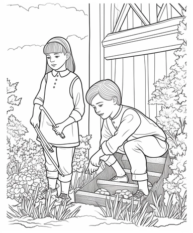 a coloring page of drawing of a boy and a girl standing next to each other, a child's drawing, international gothic, digging, clipart, she is the center of the garden, dirty, robustly ordinated, monotone, cleaning future, outline, sakimimichan, grown up , pixer, no black shadowy , colouring pages