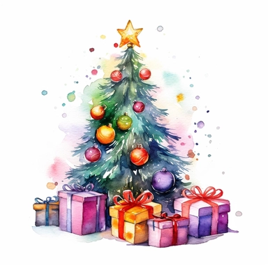watercolor christmas tree with baubles and gifts, bright tree lights, vibrant colors, add glitter, clipart image, on a white background