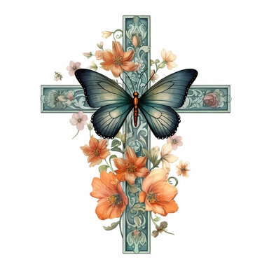 boho christian cross on flowers, with some butterflies, digital art, clipart on white background by William Morris