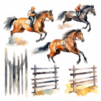 Watercolor horse racing , horse jumping over fence, illustrations clipart set, simple, vibrant colors , cartoon elements, different variants , separate elements with a margin